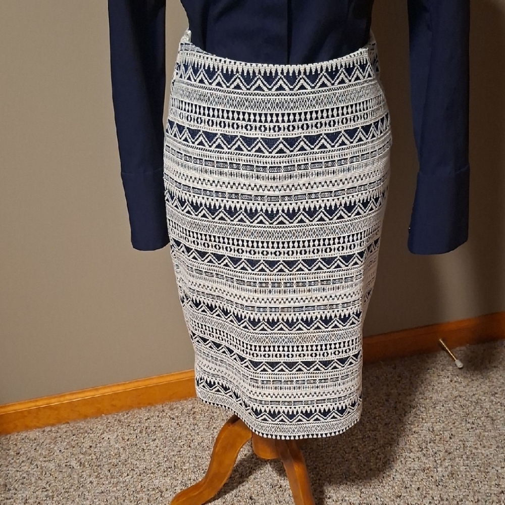 RD Style Navy and White Geometric Pencil Skirt